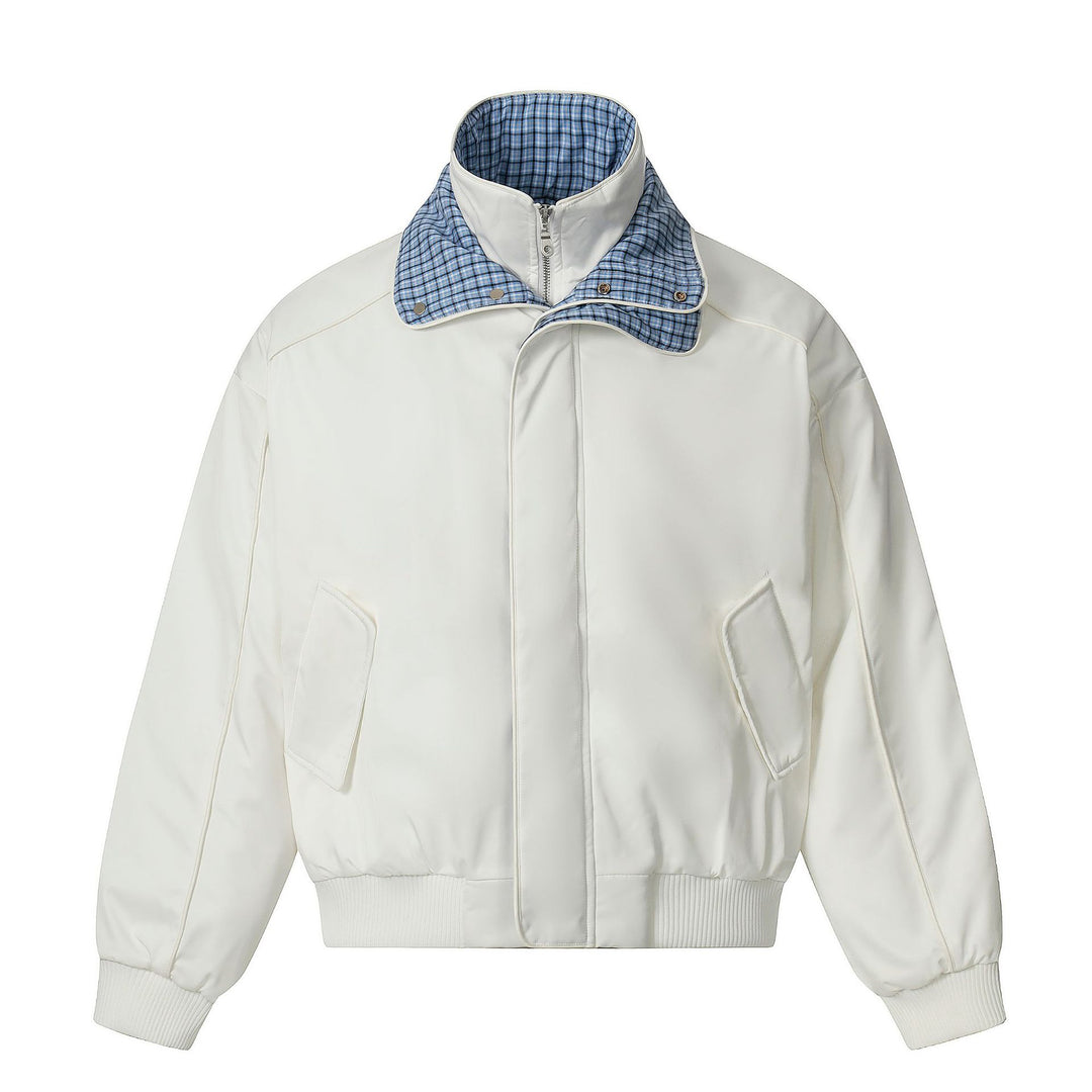 Unisex short jacket with high double collar and checked inner lining Mune Fashion