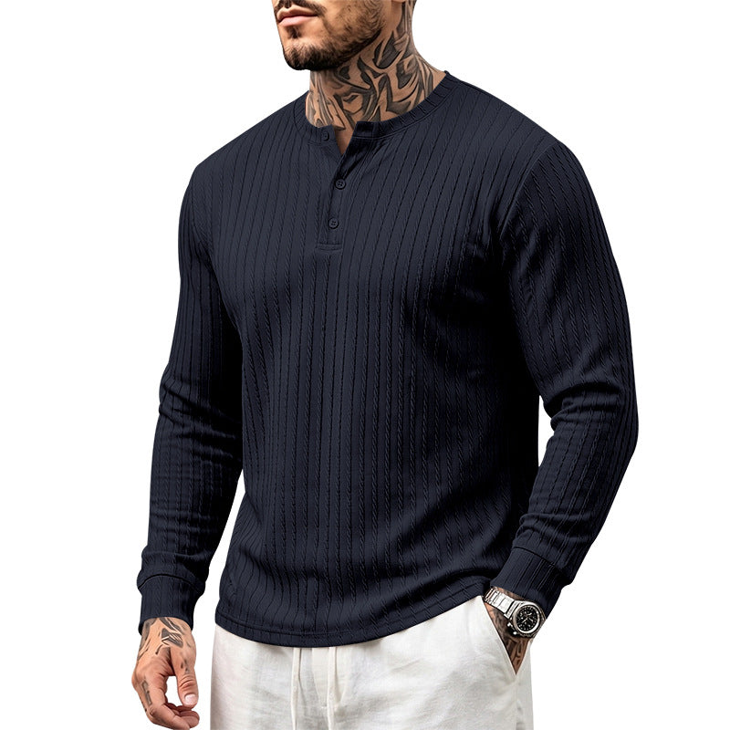 Men's Textured Long Sleeve Henley Shirt with Stand Collar and Cable Knit Mune Fashion