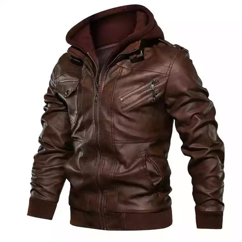 Men's Fashion Faux Leather Jacket with Integrated Hoodie Mune Fashion