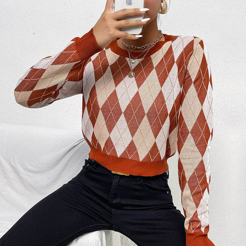 Women's Tailored Short Sweater in Diamond Pattern with Fine Knit and Ribbed Cuffs Mune Fashion