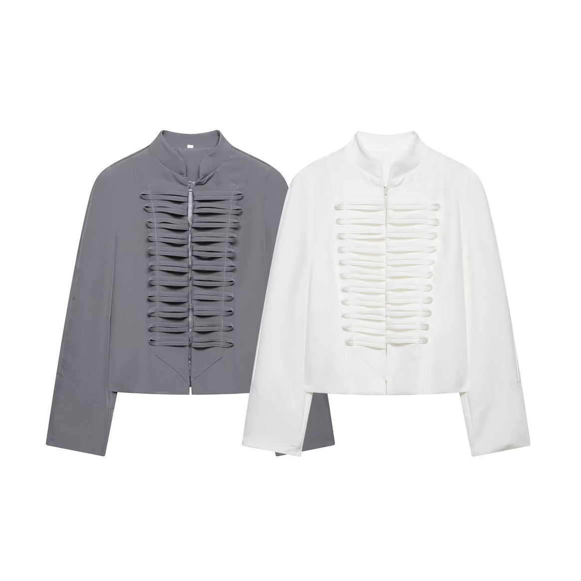 Women Short Blouse Jacket with Pleated Ruffle Yoke and Stand-up Collar Mune Fashion