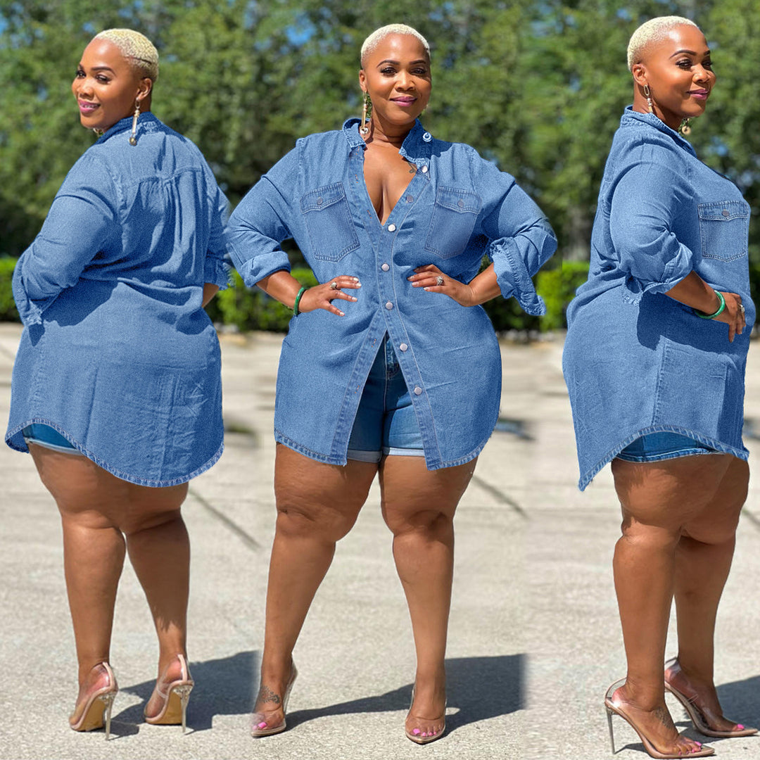 Ladies Oversized Denim Shirt Blouse in Longline Cut with Rolled Sleeves and Breast Pockets Mune Fashion