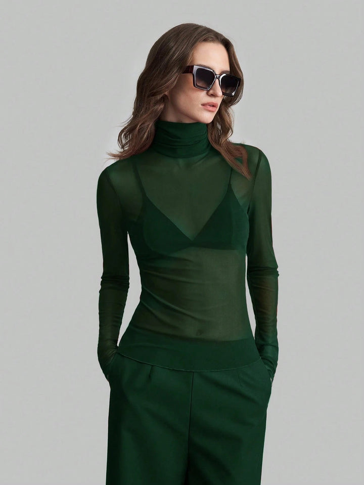 Women's Transparent Turtleneck Blouse with Figure-Shaping Cut Mune Fashion