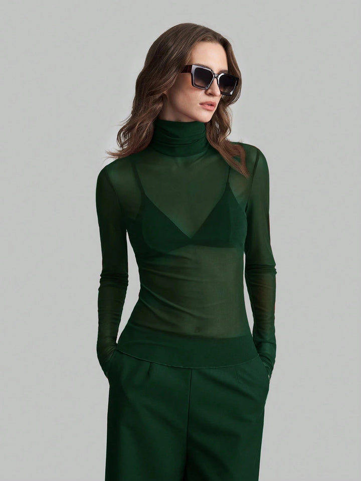 Women's fine transparent mesh long-sleeve top with turtleneck and fitted shape Mune Fashion