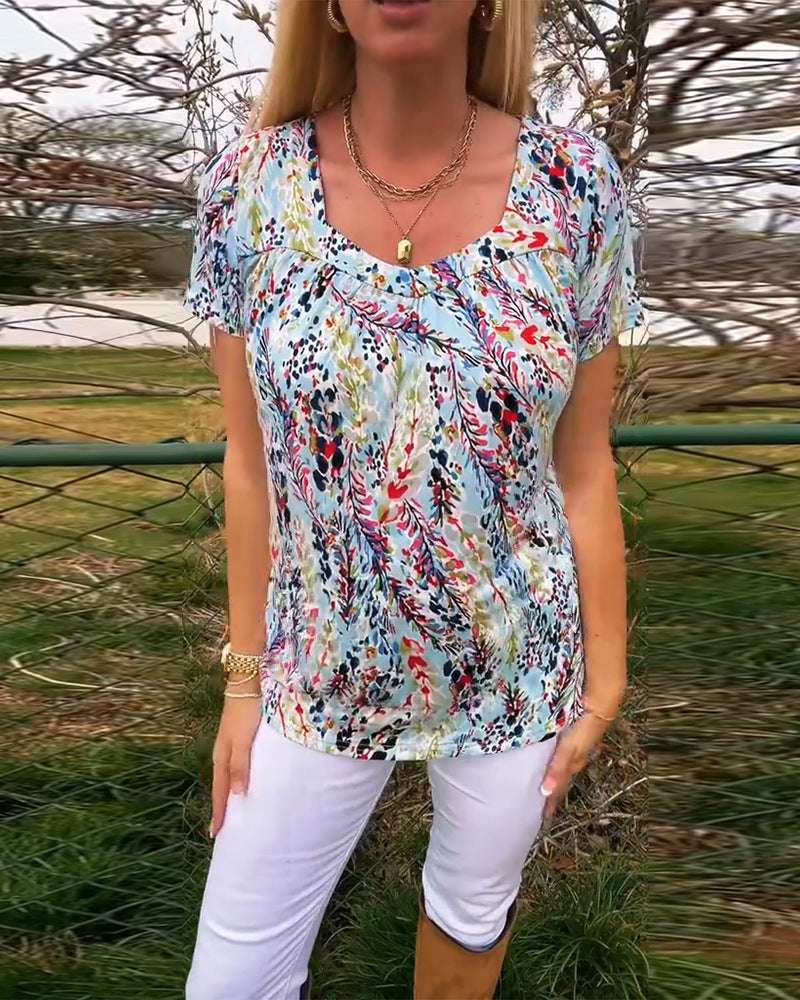 Women's lightweight floral round neck printed shirt with bust pleats and casual hip length Mune Fashion