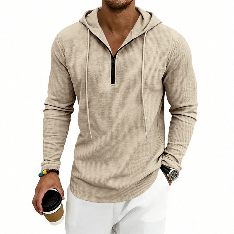 Men's Casual Waffle Fabric Hoodie with Half Zipper and Hood Mune Fashion