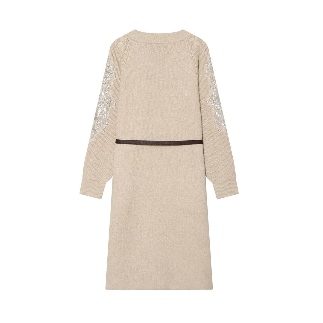 Women's Long Knit Coat-Cardigan with Waist Belt and Sequin Sleeves Mune Fashion