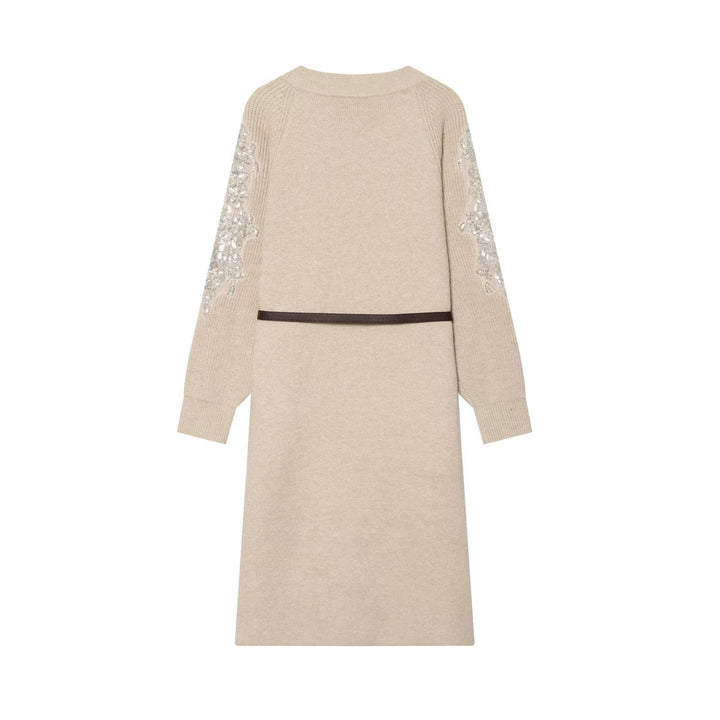 Women's Long Knit Coat-Cardigan with Waist Belt and Sequin Sleeves Mune Fashion