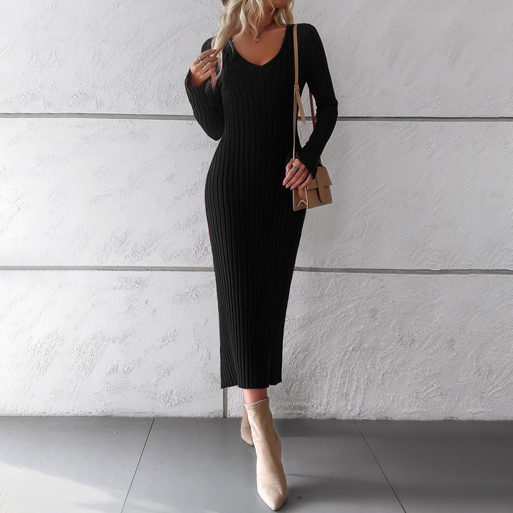 Women's tailored ribbed midi dress with deep V-neck, figure-flattering seam detailing, and long sleeves Mune Fashion