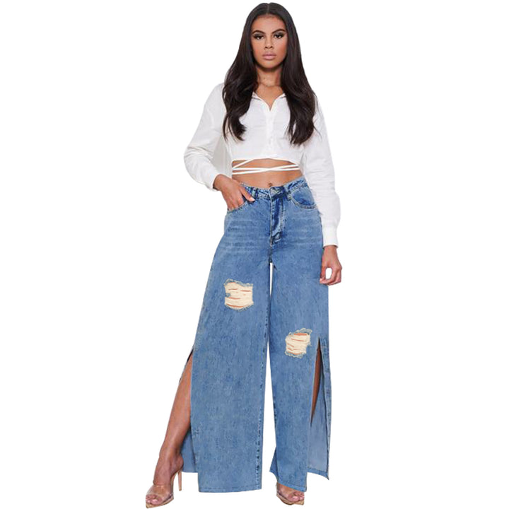 Women's high-cut jeans with wide leg, knee rips, and side leg slits Mune Fashion