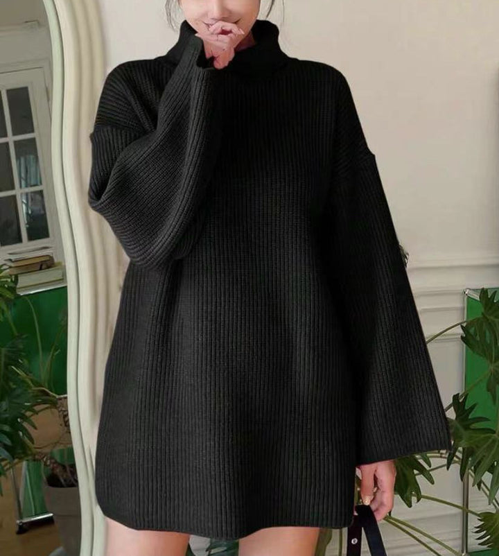 Women Oversized Ribbed Turtleneck Knit Dress with Bell Sleeves Mune Fashion