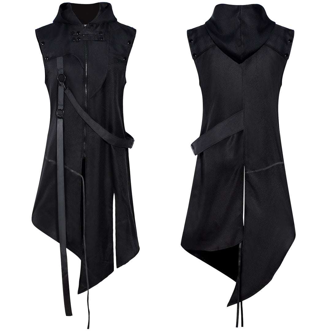 Unisex nan asymmetrical hooded vest with full-length zipper, decorative straps and ring buckles Mune Fashion