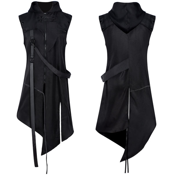 Unisex nan asymmetrical hooded vest with full-length zipper, decorative straps and ring buckles Mune Fashion