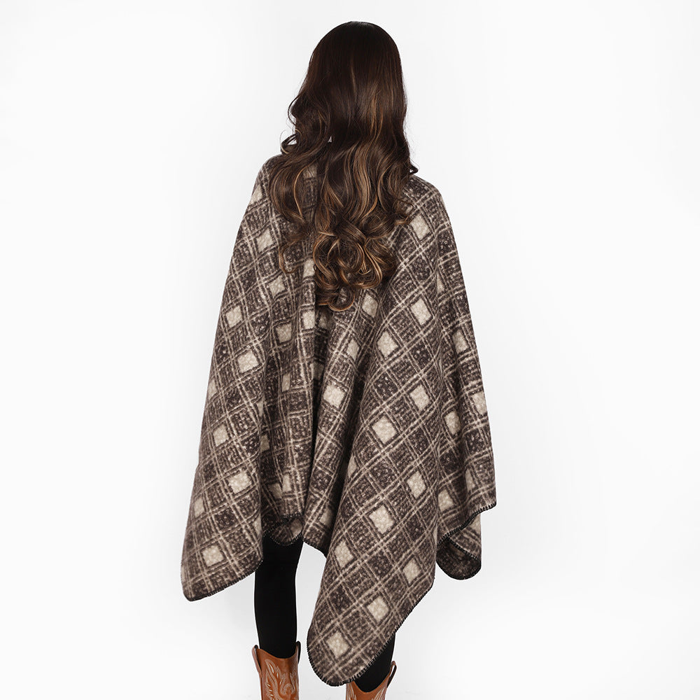 Women's Structured Wool Blend Poncho in Ruana Cut with Boxy Silhouette and Checked Jacquard Pattern