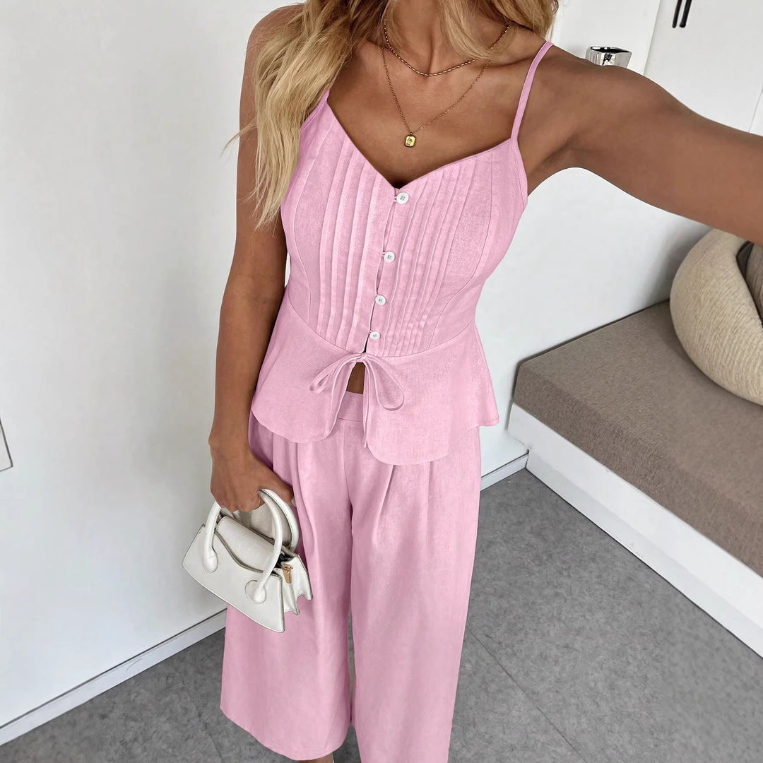 Women's Two-Piece Linen Set with Corset-like Waist Top, Peplum and Wide Palazzo Pants Mune Fashion