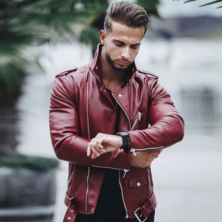 Men's stylish biker jacket made of faux leather with asymmetrical zipper and fitted cut Mune Fashion