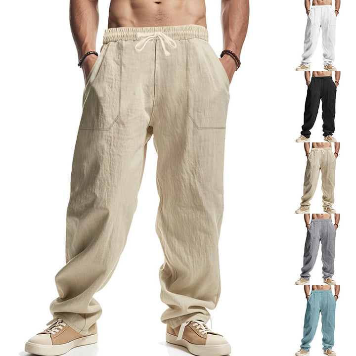 Men's Loose Linen Look Casual Pants with Elastic Waistband and Patch Pockets