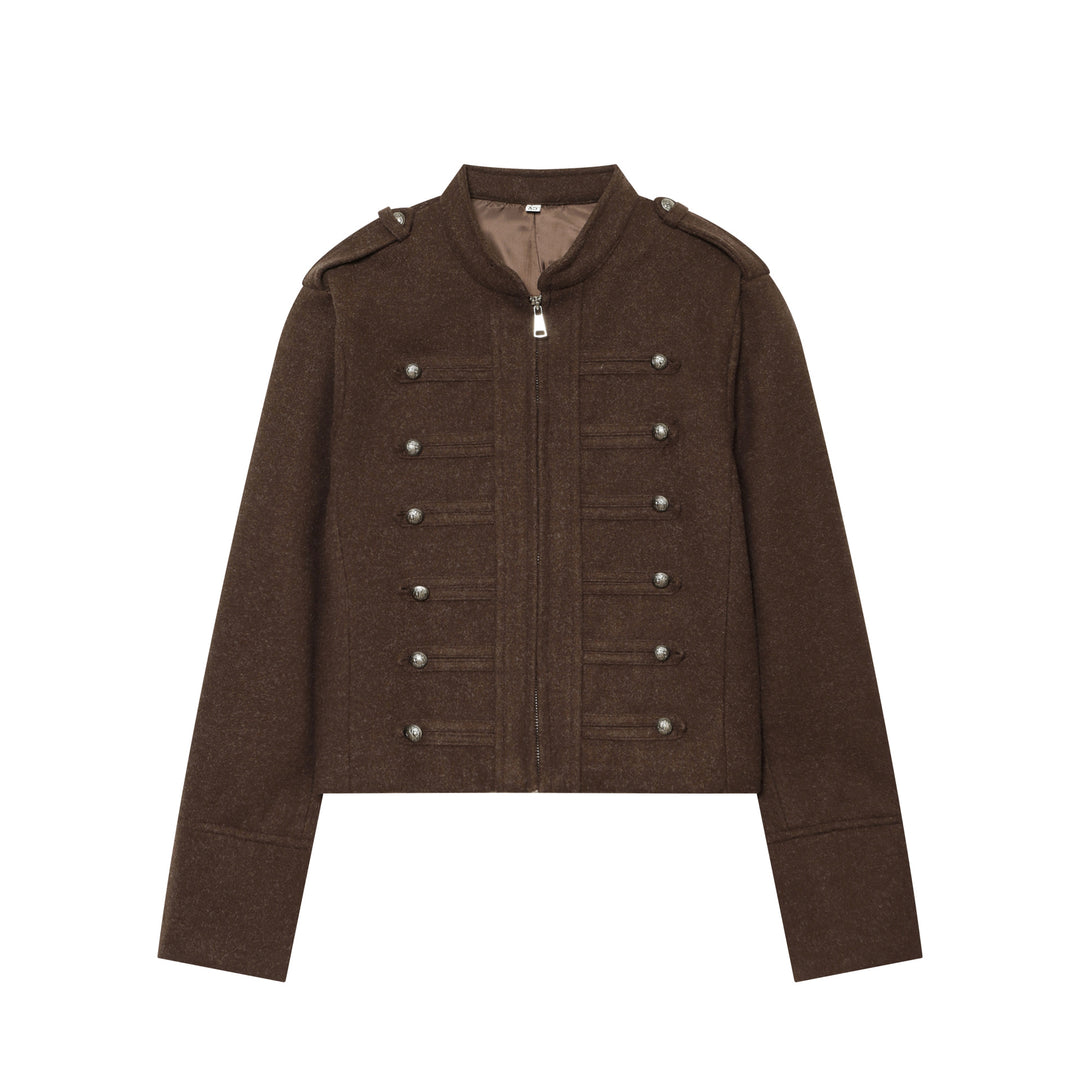 Women's military-inspired wool jacket with stand-up collar zipper and decorative button placket Mune Fashion