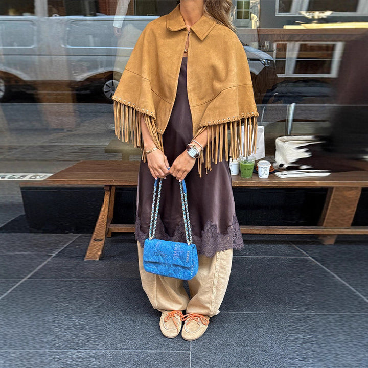 Women's Suede-Look Fringe Cape with Shirt Collar and Eyelet Decoration Mune Fashion