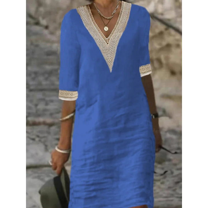Women's Lightweight Linen Midi Dress with V-Neck and Crochet Lace Trim Mune Fashion