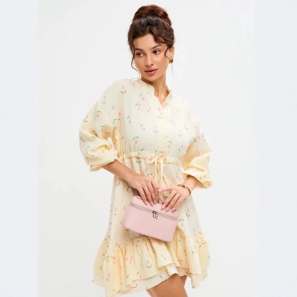 Ladies Floral Cotton Mini Dress with Waist Lacing and Ruffle Hem Mune Fashion