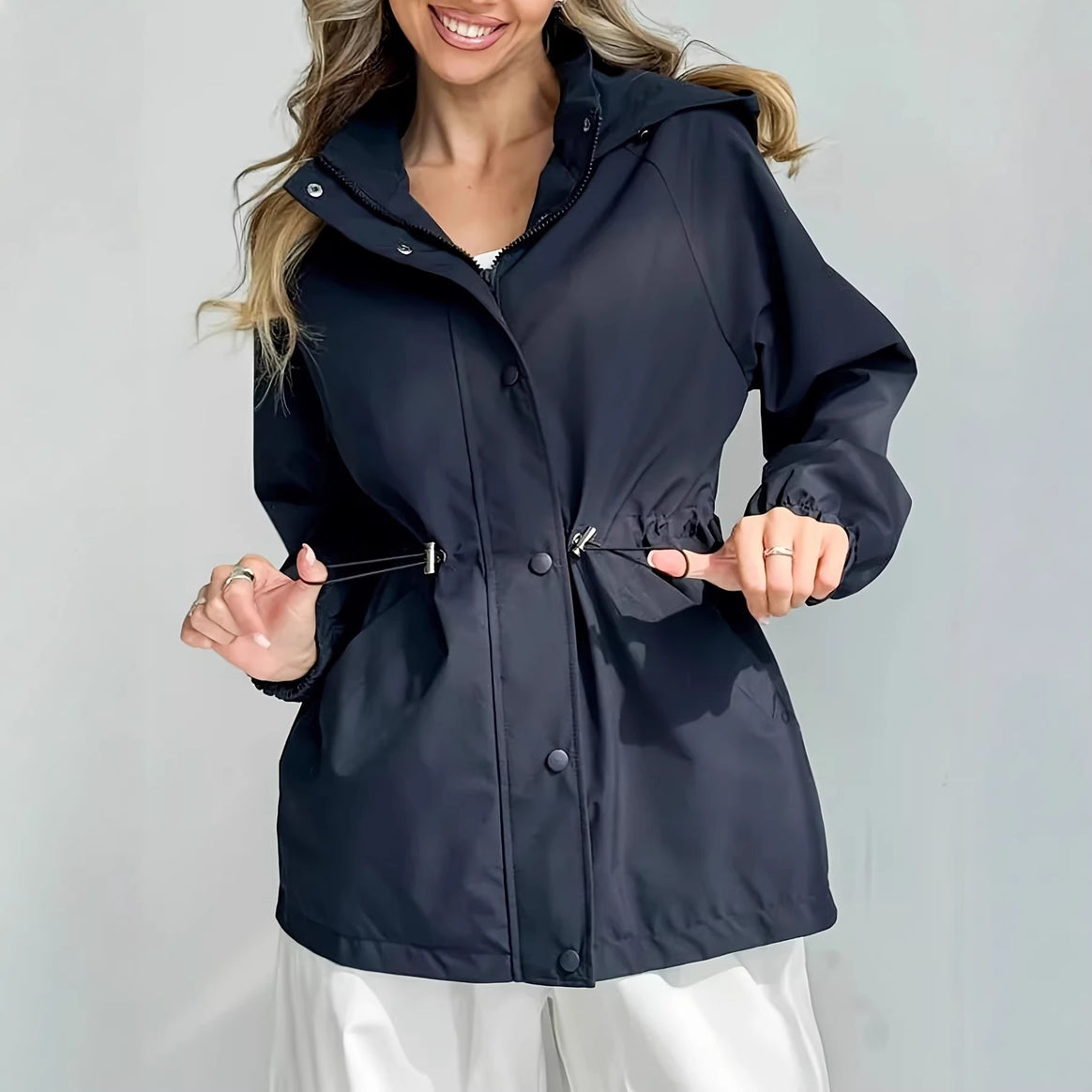 Women's Water-Repellent Short Parka with Hood, Drawstring and Snap Button Placket Mune Fashion