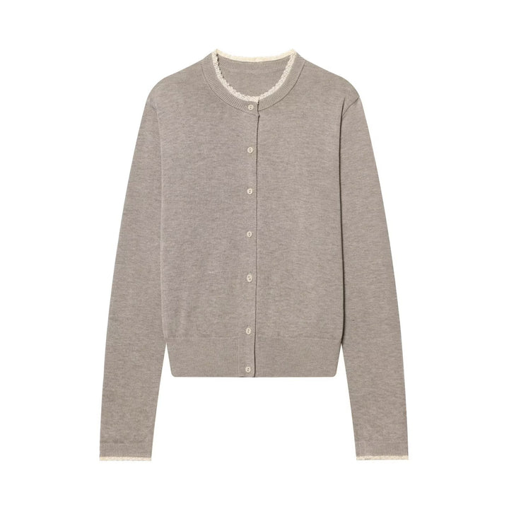 Ladies fine knit cardigan with round neck, button placket and lace trim Mune Fashion