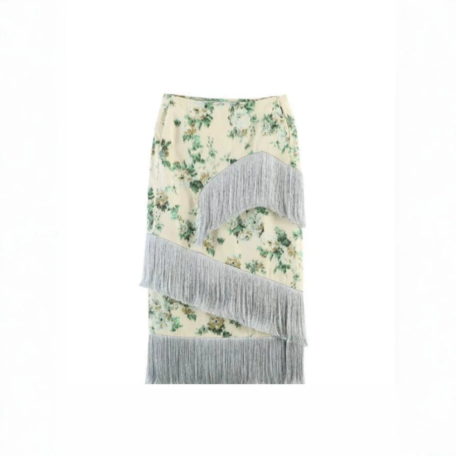Ladies Floral Printed Midi Skirt with Diagonal Fringe Trim and Slim Silhouette Mune Fashion