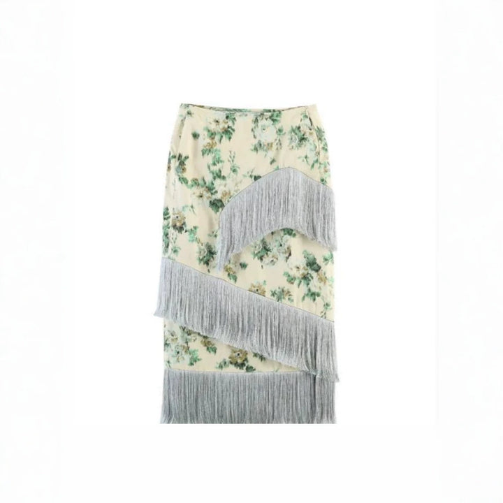 Ladies Floral Printed Midi Skirt with Diagonal Fringe Trim and Slim Silhouette Mune Fashion