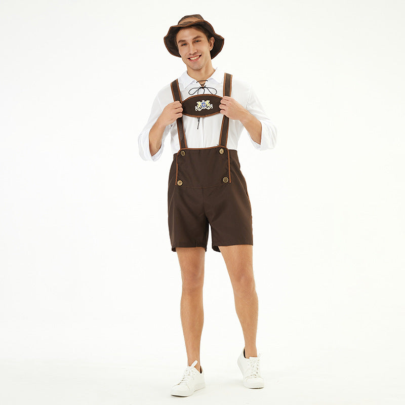Men's traditional short leather pants with adjustable straps and decorative bib Mune Fashion