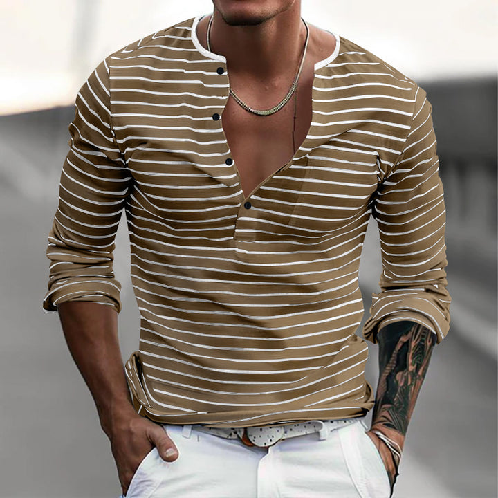 Men's striped long-sleeve shirt with short button placket, round neckline, and subtle chest pocket Mune Fashion