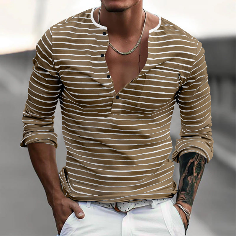 Men's striped long-sleeve shirt with short button placket, round neckline, and subtle chest pocket Mune Fashion