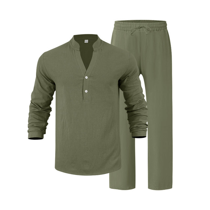 Men's nan casual Henley set in lightweight linen look with stand-up collar and elastic drawstring pants Mune Fashion