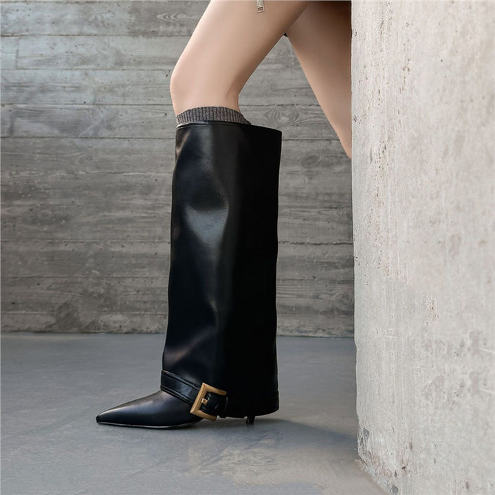 Women's Knee-High Boots with Sculpted Pointed Toe, Straight Shaft and Decorative Buckle Mune Fashion