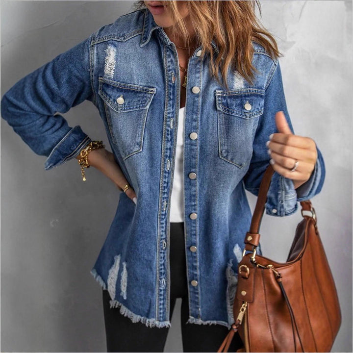 Women Casual Oversized Denim Jacket with Destroyed Details, Shirt Collar and Fringed Hem Mune Fashion