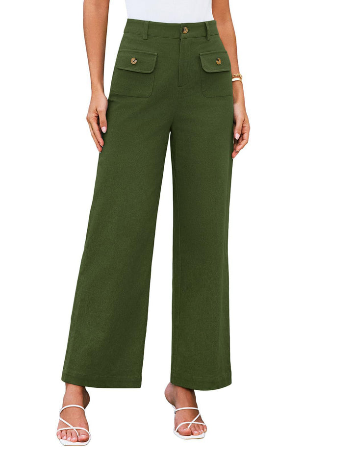 Women's High-Waist Wide-Leg Trousers with Button-Flap Patch Pockets Mune Fashion