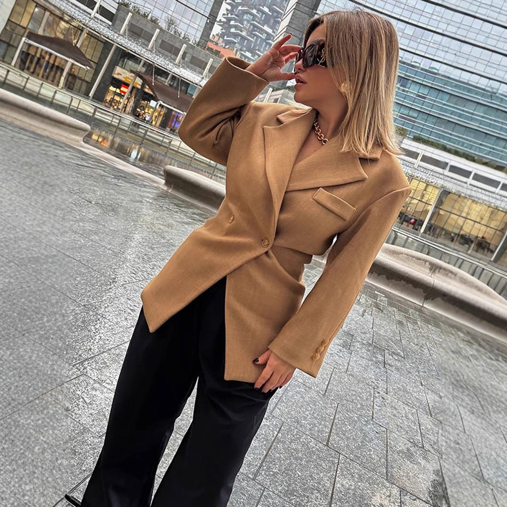 Women's Tailored Wool Blend Blazer with Emphasized Waist and Distinctive Shoulder Area Mune Fashion