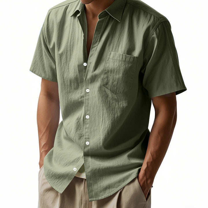 Men's short-sleeved casual shirt made of linen blend with chest pocket and rounded hem Mune Fashion