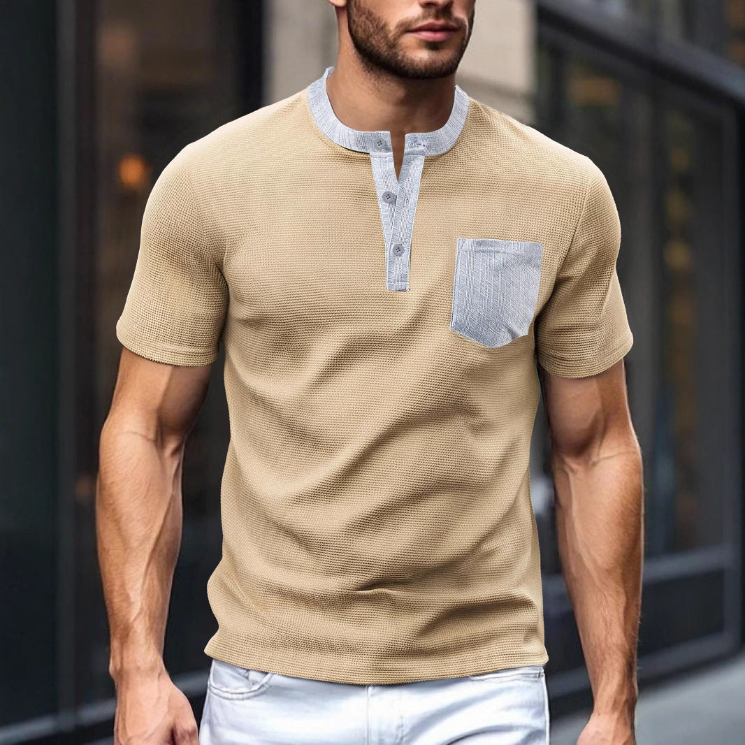 Men's breathable waffle henley shirt with stand-up collar, short button placket, and patch chest pocket Mune Fashion