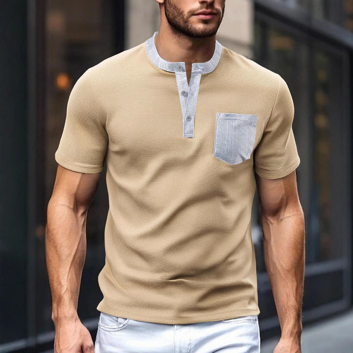 Men's breathable waffle henley shirt with stand-up collar, short button placket, and patch chest pocket Mune Fashion