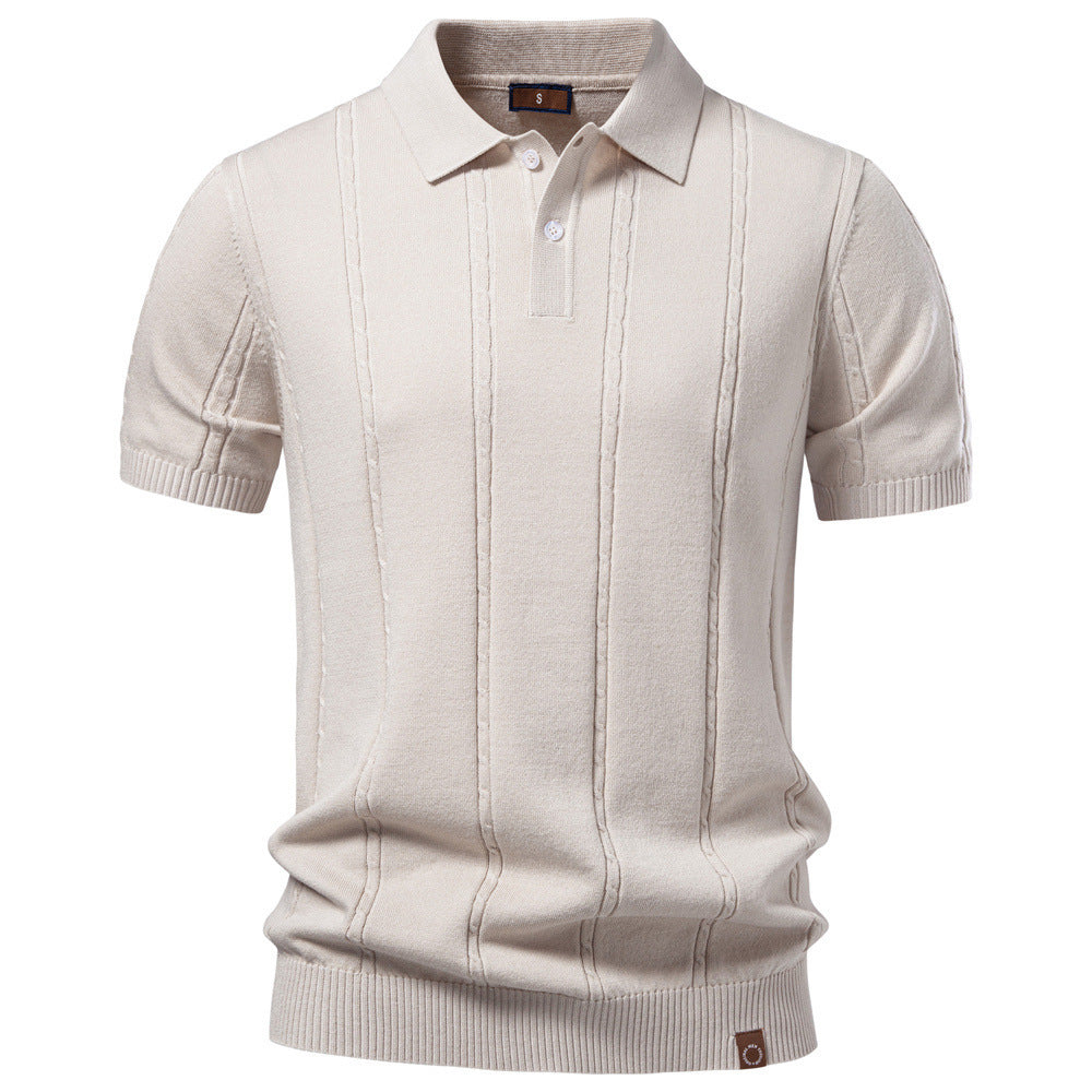 Men's short sleeve knitted polo with textured stripes, ribbed cuffs, and classic polo collar Mune Fashion
