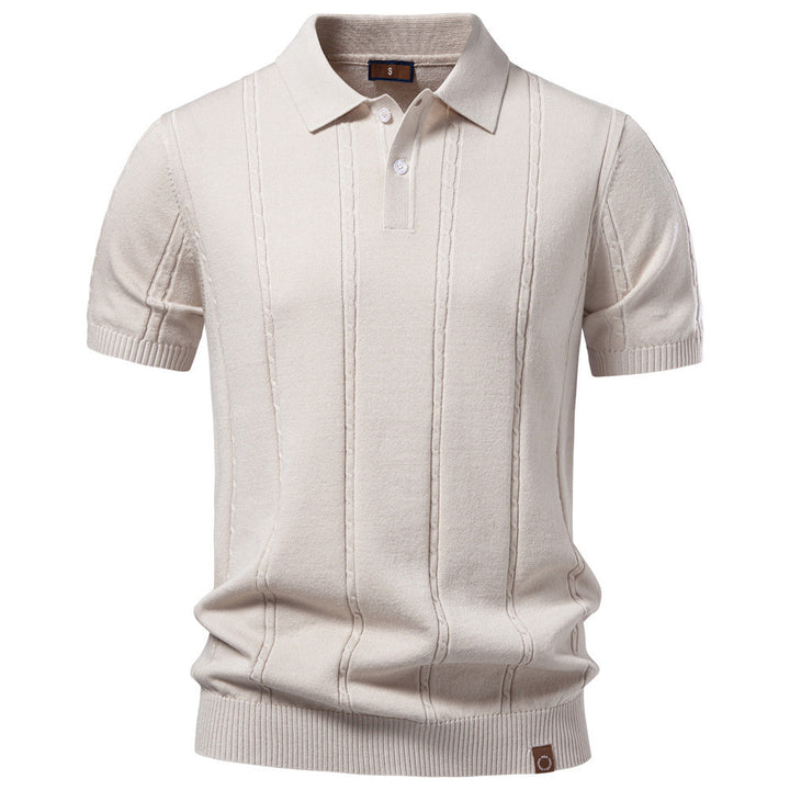 Men's short sleeve knitted polo with textured stripes, ribbed cuffs, and classic polo collar Mune Fashion