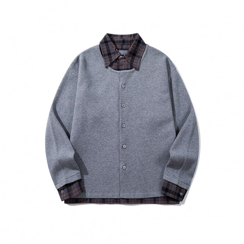 Unisex Layering Set made of checked blouse and open knit cardigan Mune Fashion