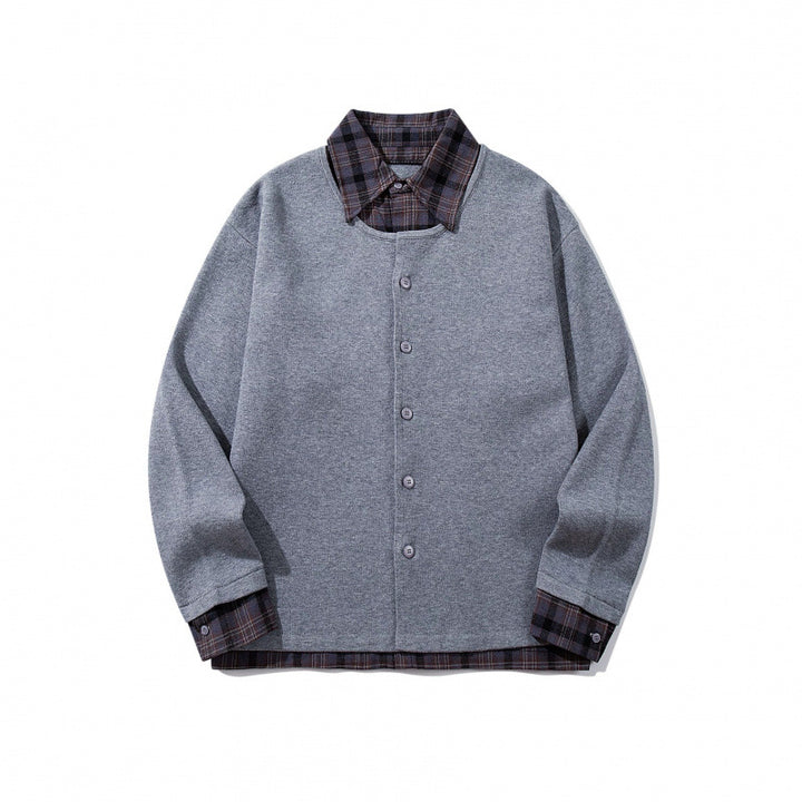 Unisex Layering Set made of checked blouse and open knit cardigan Mune Fashion