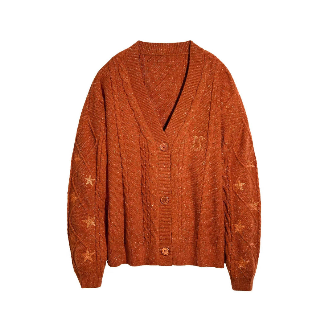 Women's oversized chunky knit cardigan with cable pattern, V-neck and star embroidery Mune Fashion