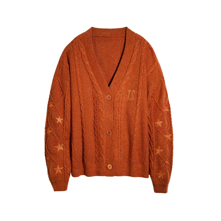 Women's oversized chunky knit cardigan with cable pattern, V-neck and star embroidery Mune Fashion