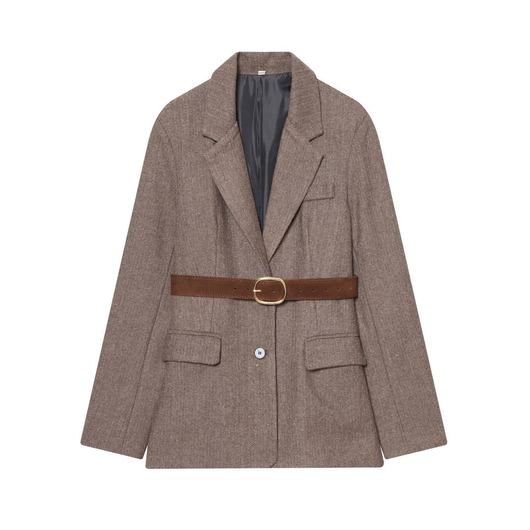 Women's Oversized Blazer-Coat in Herringbone Pattern with Waist Belt Mune Fashion