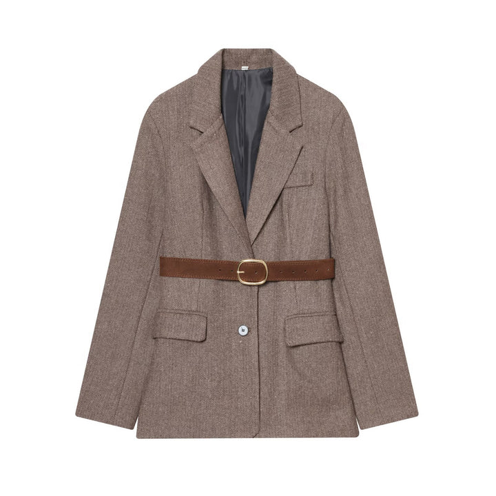 Women's Oversized Blazer-Coat in Herringbone Pattern with Waist Belt Mune Fashion