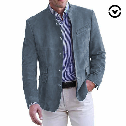 Men's Short Suede Jacket with Stand-up Collar and Flap Pockets Mune Fashion