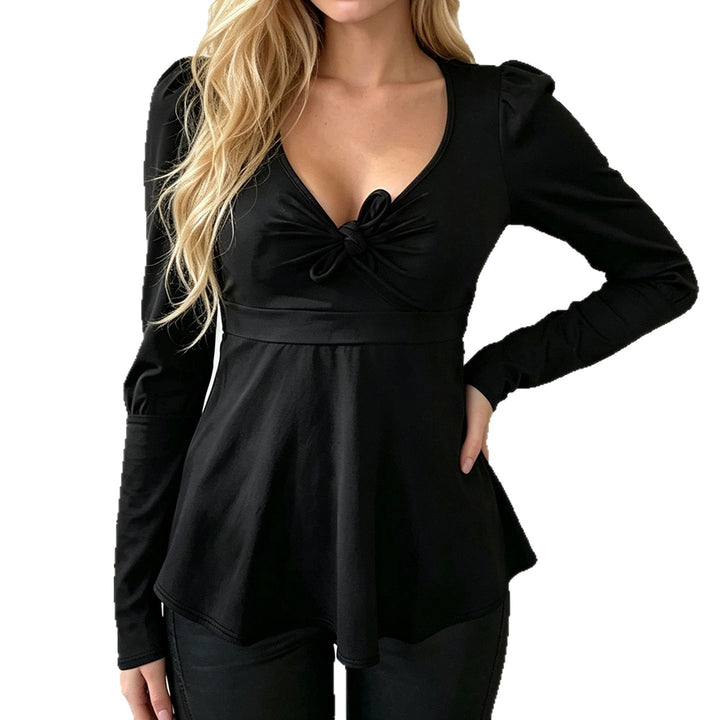 Women's Tailored Peplum Top with V-Neck, Knot Detail and Puff Sleeves Mune Fashion